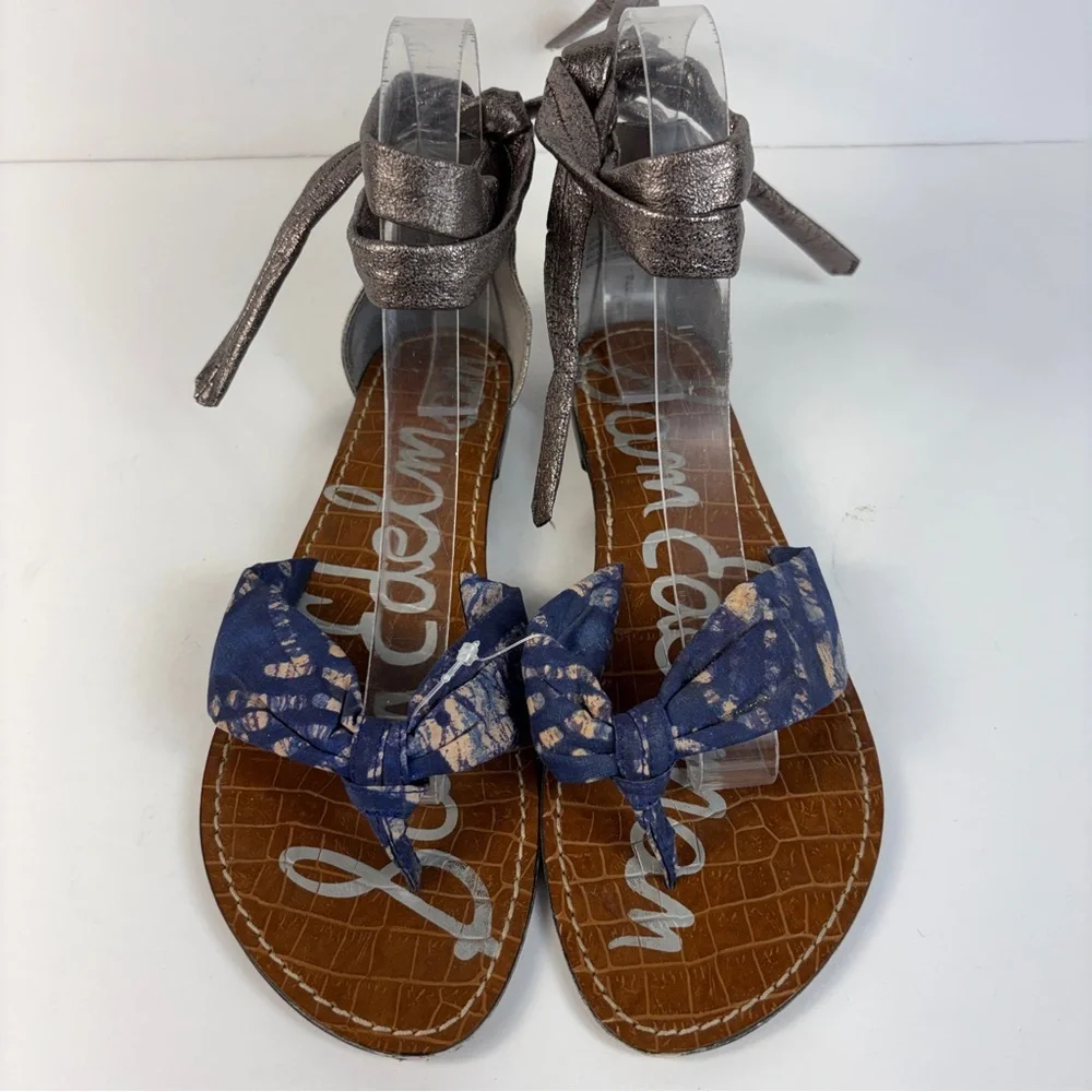 Sam Edelman Blue Tie-Front Sandals with Metallic Ankle Wrap - Picture 1 of 4